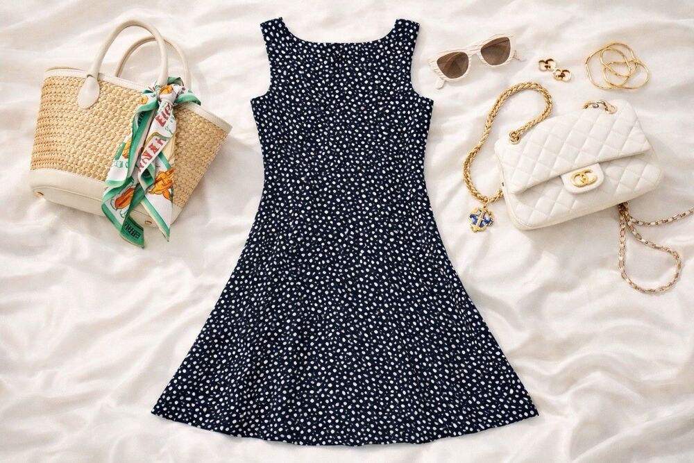 Talbots Petites 8P Black White Polka Dot Midi Dress | Fit Flare | Lined